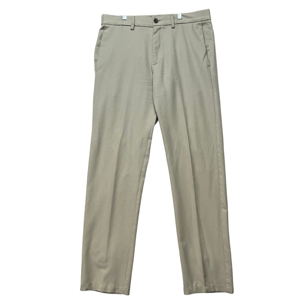 Haggar Cool 18 Pro Pants Mens 34x34 Tan Straight Fit Flat Front Golf Performance